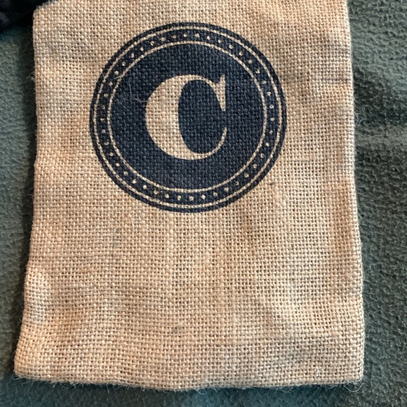 Monogram “C” burlap wine bag with black ribbon tie. Approximately 6 1/2” x 13” - Picture 3 of 5